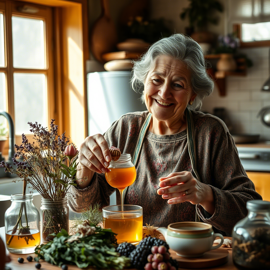 Une grand-mère souriante aux cheveux gris prépare une infusion naturelle dans sa cuisine ensoleillée. Devant elle sont disposés divers ingrédients naturels : des herbes fraîches, des fleurs séchées, du miel et un petit bol en bois. Elle tient délicatement un pot de miel artisanal qu'elle s'apprête à incorporer à sa préparation. L'ambiance est chaleureuse et authentique, évoquant la transmission de savoirs ancestraux.